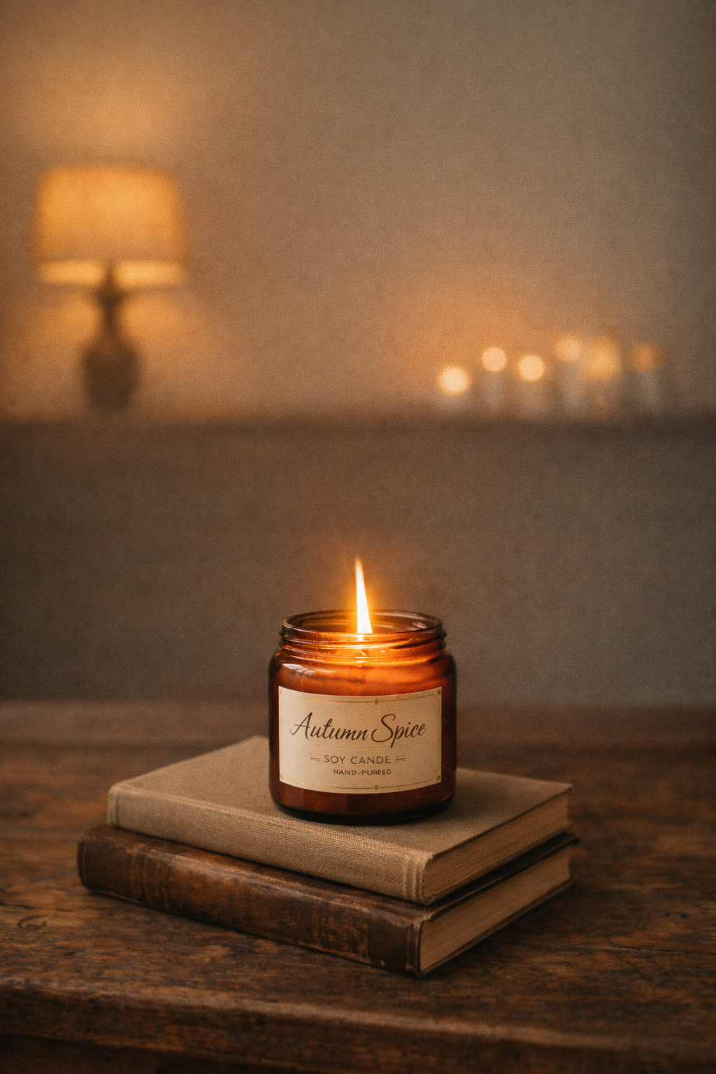 Burning Autumn Spice soy candle on books with warm, cozy living room background